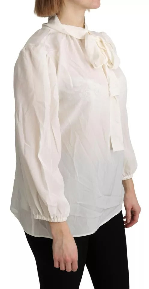 Dolce & Gabbana Off White Scarfneck Long Sleeves Blouse Silk Top by Dolce & Gabbana