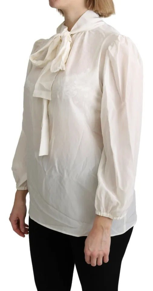 Dolce & Gabbana Off White Scarfneck Long Sleeves Blouse Silk Top by Dolce & Gabbana