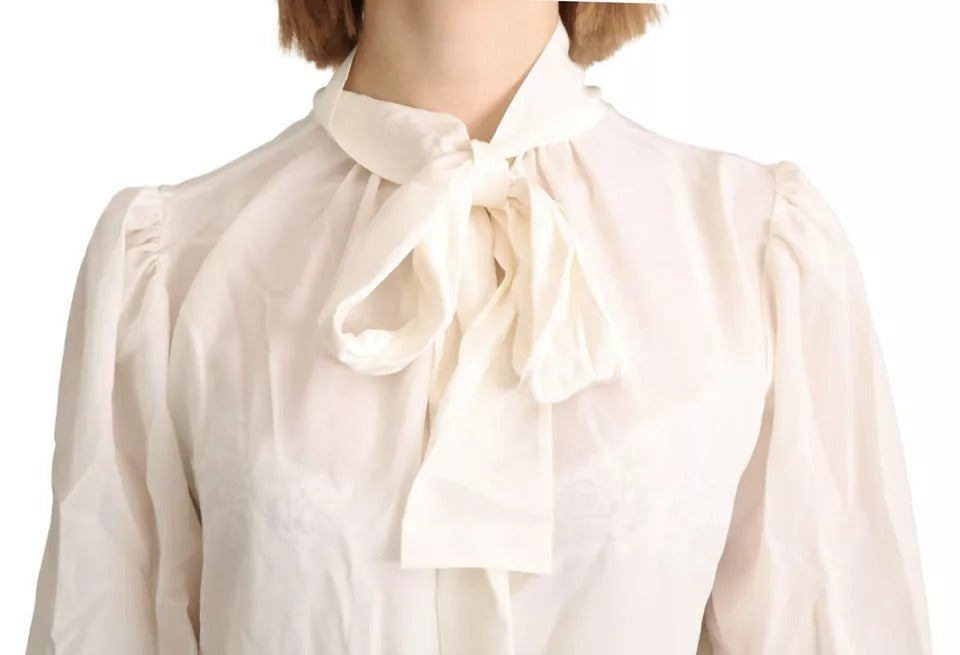 Dolce & Gabbana Off White Scarfneck Long Sleeves Blouse Silk Top by Dolce & Gabbana