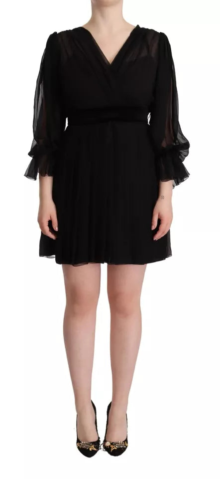 Dolce & Gabbana Black V-neck Long Sleeves Mini A-line Dress by Dolce & Gabbana