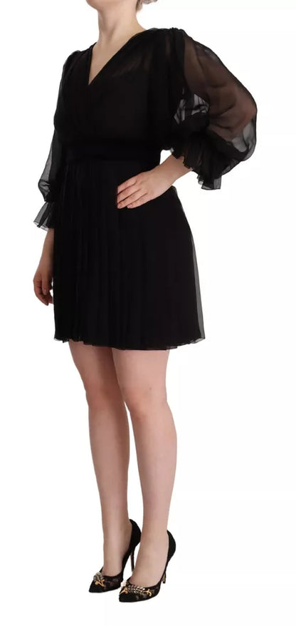 Dolce & Gabbana Black V-neck Long Sleeves Mini A-line Dress by Dolce & Gabbana