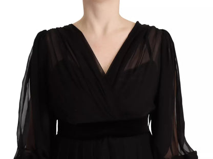 Dolce & Gabbana Black V-neck Long Sleeves Mini A-line Dress by Dolce & Gabbana