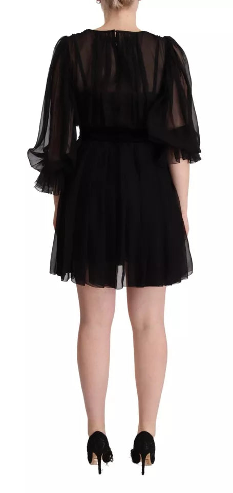 Dolce & Gabbana Black V-neck Long Sleeves Mini A-line Dress by Dolce & Gabbana