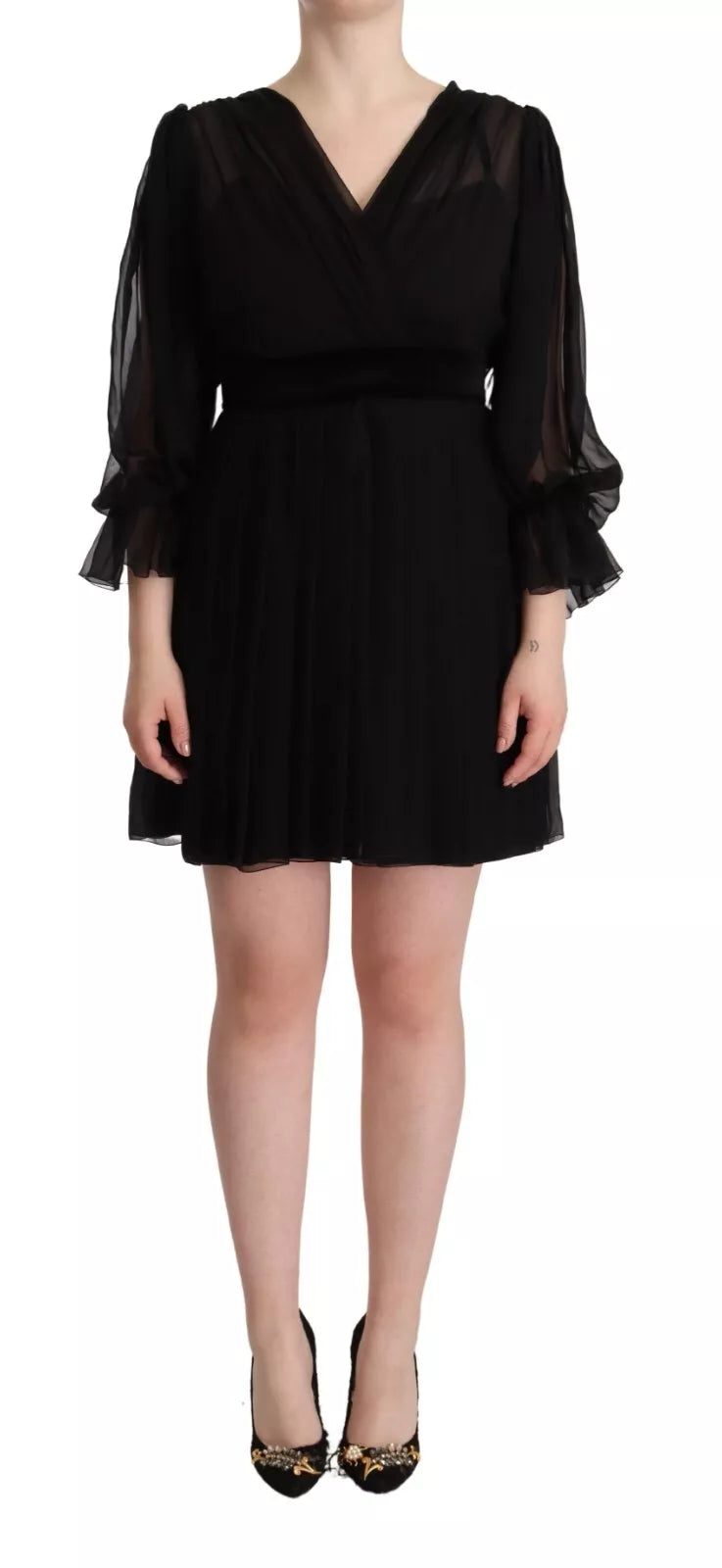 Dolce & Gabbana Black V-neck Long Sleeves Mini A-line Dress by Dolce & Gabbana