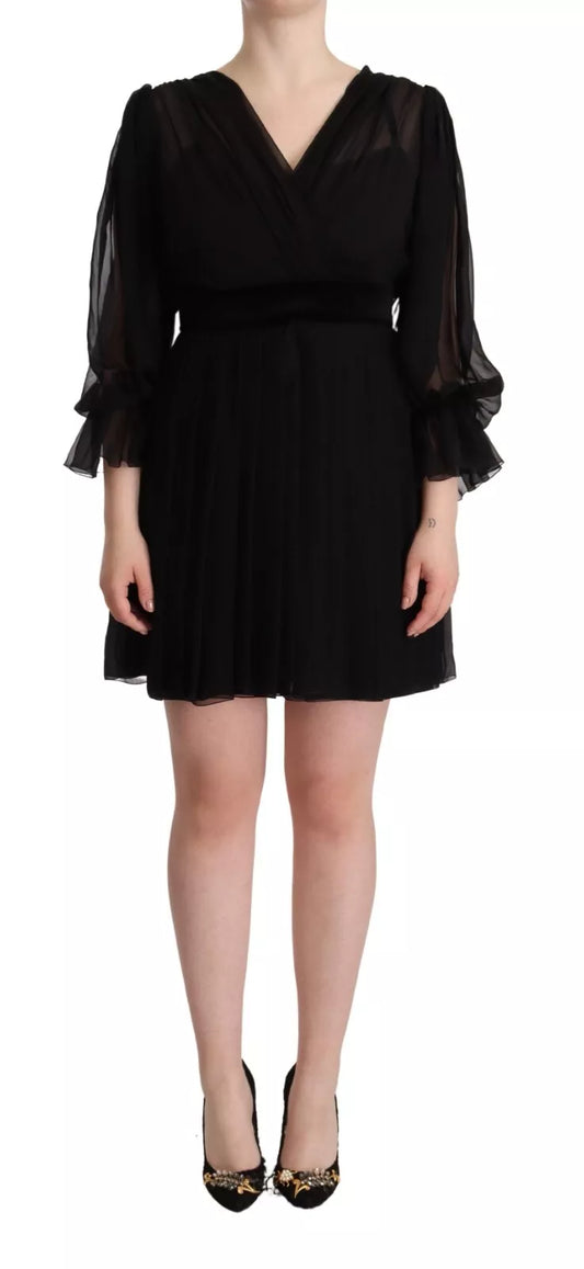 Dolce & Gabbana Black V-neck Long Sleeves Mini A-line Dress by Dolce & Gabbana
