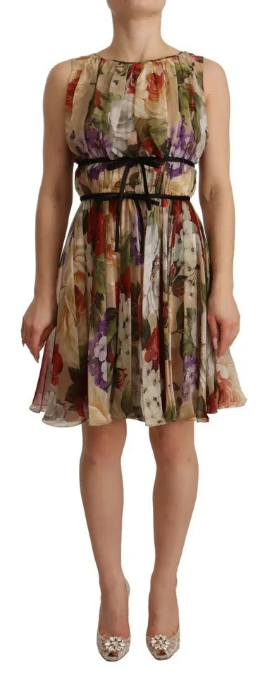 Dolce & Gabbana Beige Floral Sleeveless Round Neck Mini Dress by Dolce & Gabbana