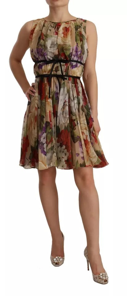 Dolce & Gabbana Beige Floral Sleeveless Round Neck Mini Dress by Dolce & Gabbana