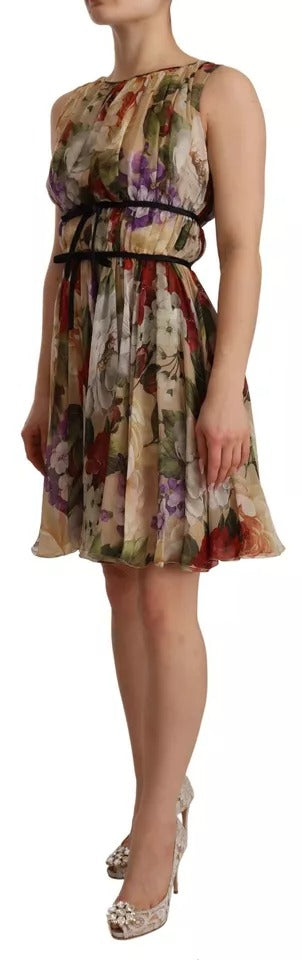 Dolce & Gabbana Beige Floral Sleeveless Round Neck Mini Dress by Dolce & Gabbana