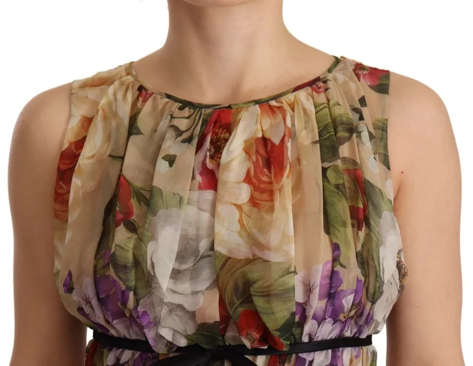 Dolce & Gabbana Beige Floral Sleeveless Round Neck Mini Dress by Dolce & Gabbana