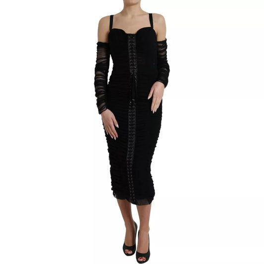 Dolce & Gabbana Black Cold Shoulder Stretch Tulle Midi Dress by Dolce & Gabbana