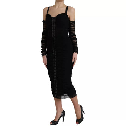 Dolce & Gabbana Black Cold Shoulder Stretch Tulle Midi Dress by Dolce & Gabbana