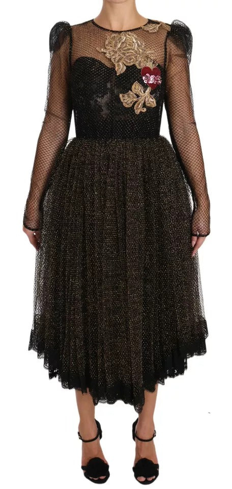 Dolce & Gabbana Black Gold Crystal Heart A-line Dress by Dolce & Gabbana