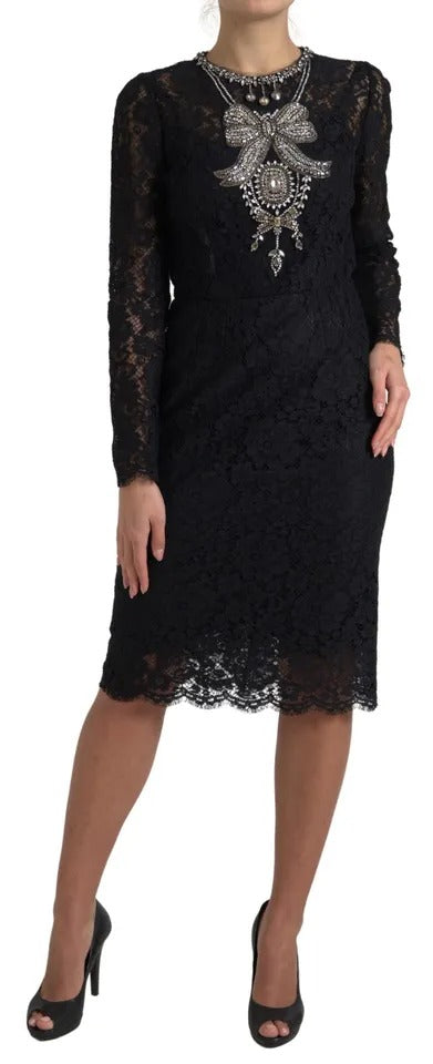 Dolce & Gabbana Black Nylon Lace Embellished Sheath Dress by Dolce & Gabbana