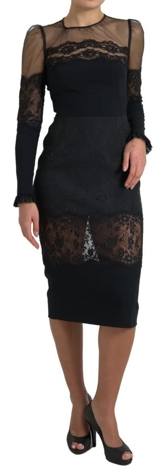 Dolce & Gabbana Black Sheer Floral Lace Sheath Midi Dress by Dolce & Gabbana