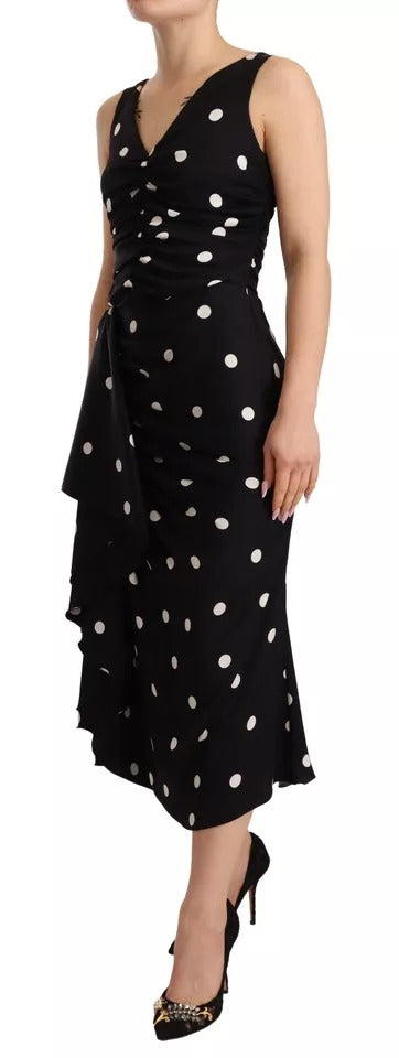 Dolce & Gabbana Black Silk Polka Dots V-neck Sheath Midi Dress by Dolce & Gabbana