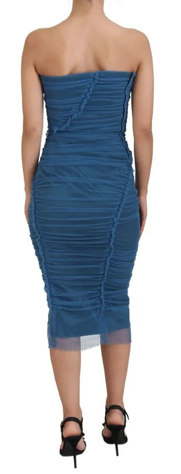 Dolce & Gabbana Blue Mesh Trim Ruched Tulle Sheath Dress by Dolce & Gabbana