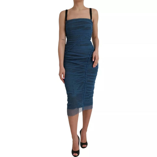 Dolce & Gabbana Blue Mesh Trim Ruched Tulle Sheath Dress by Dolce & Gabbana