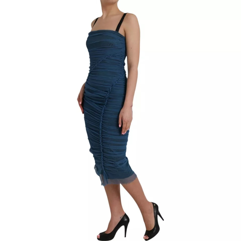 Dolce & Gabbana Blue Mesh Trim Ruched Tulle Sheath Dress by Dolce & Gabbana