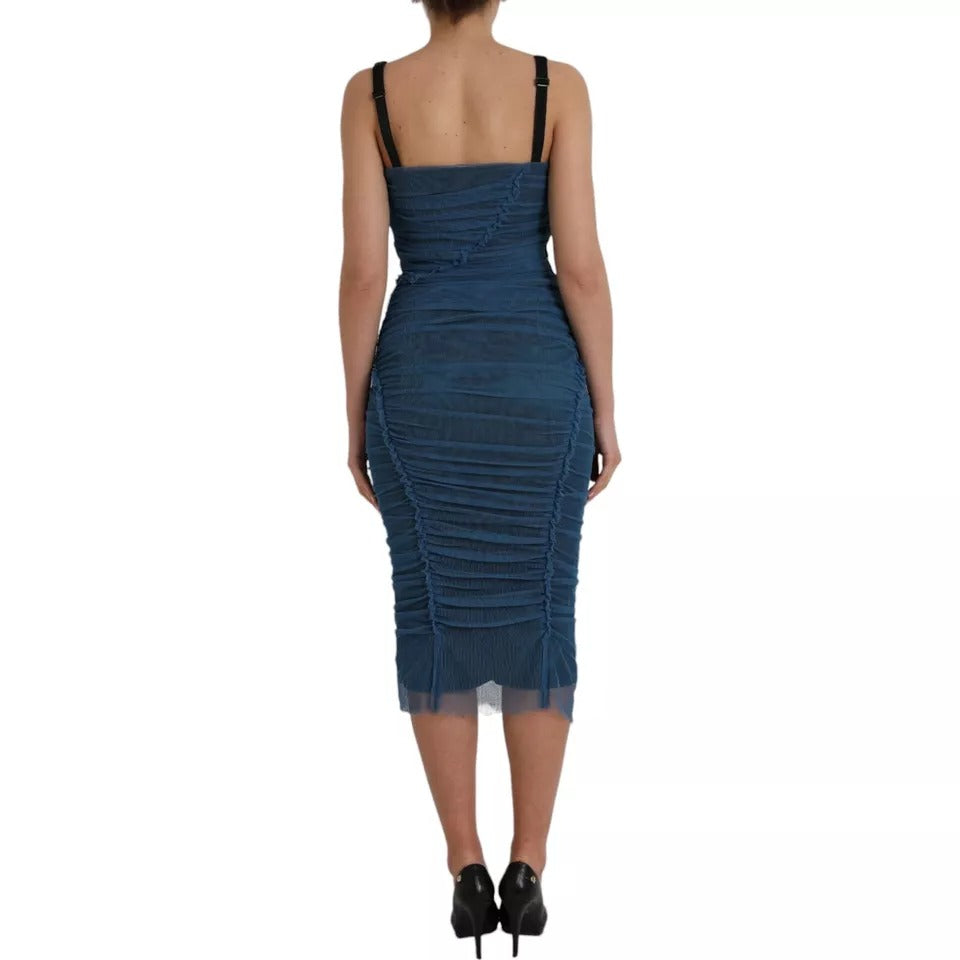 Dolce & Gabbana Blue Mesh Trim Ruched Tulle Sheath Dress by Dolce & Gabbana