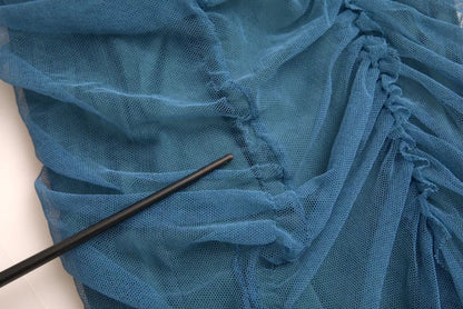 Dolce & Gabbana Blue Mesh Trim Ruched Tulle Sheath Dress by Dolce & Gabbana