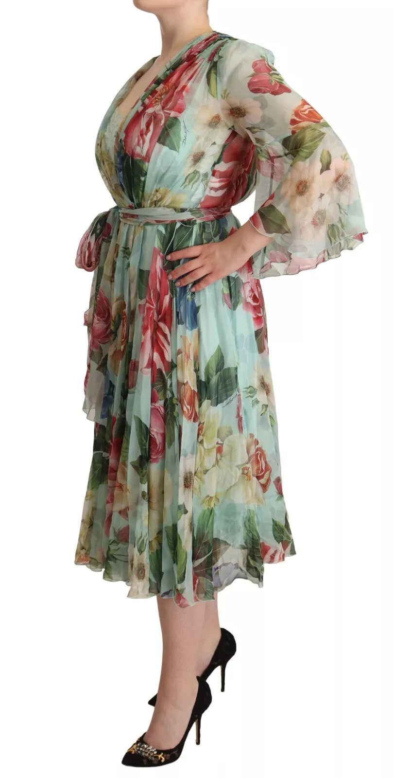 Dolce & Gabbana Green Floral Long Sleeve V-neck Midi Dress by Dolce & Gabbana