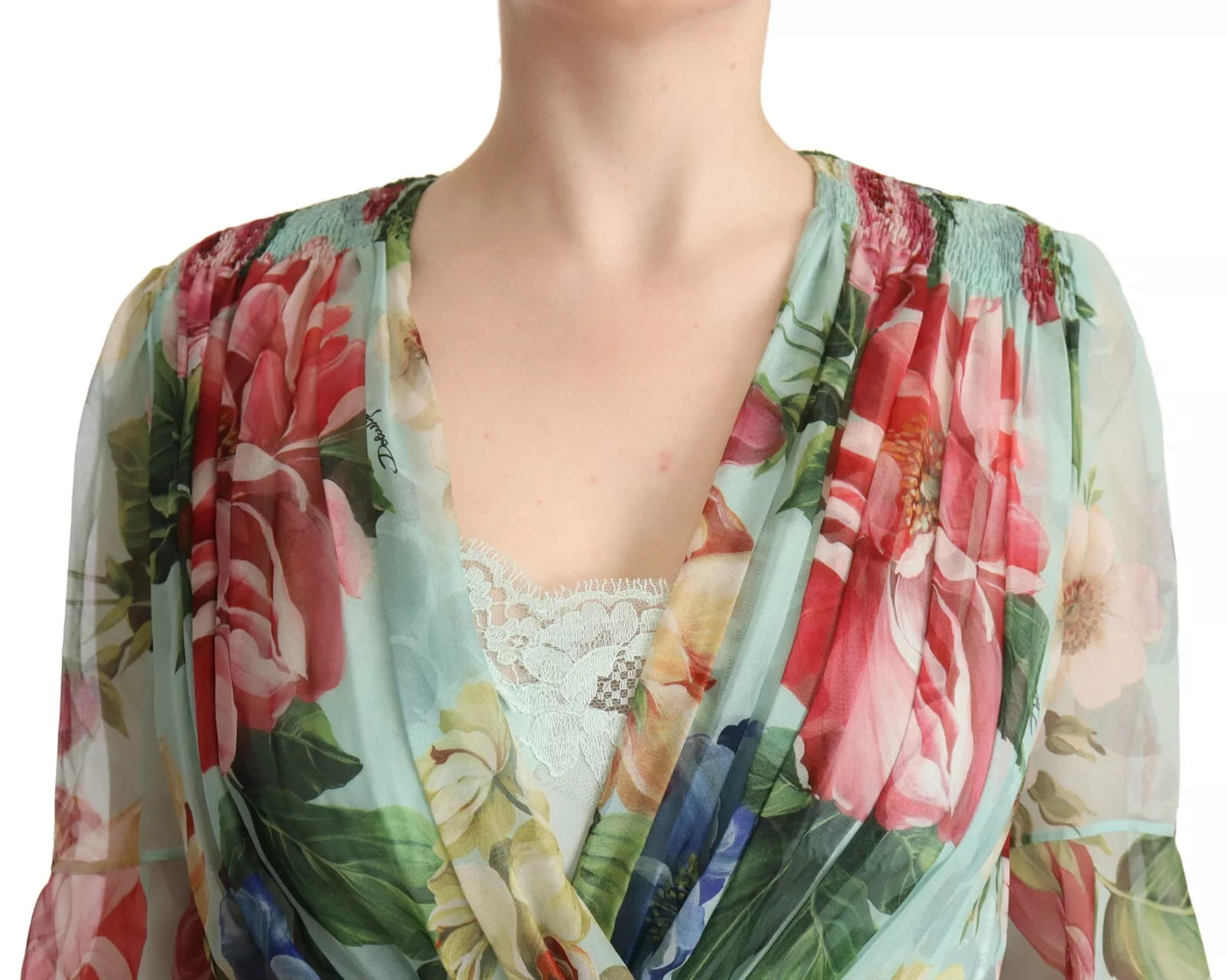 Dolce & Gabbana Green Floral Long Sleeve V-neck Midi Dress by Dolce & Gabbana