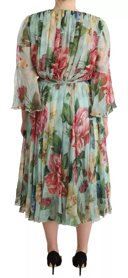 Dolce & Gabbana Green Floral Long Sleeve V-neck Midi Dress by Dolce & Gabbana