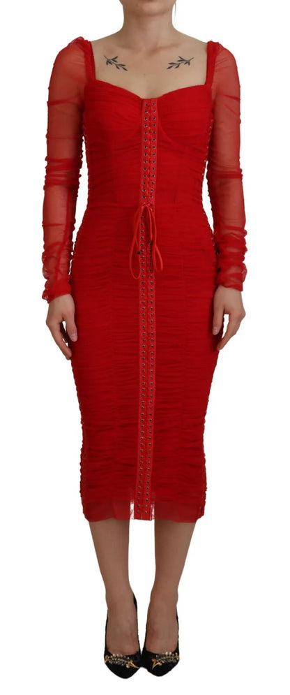 Dolce & Gabbana Red Mesh Trim Bodycon Sheath Midi Dress by Dolce & Gabbana