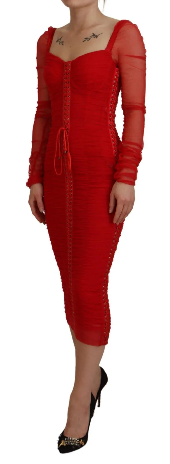 Dolce & Gabbana Red Mesh Trim Bodycon Sheath Midi Dress by Dolce & Gabbana