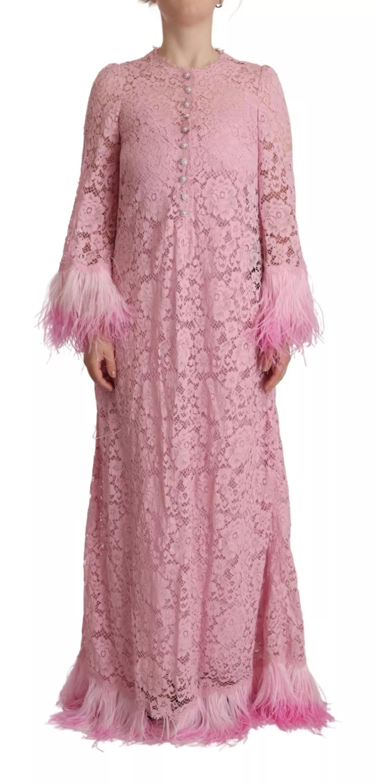 Dolce &amp; Gabbana Shift Lilac Lace Feathers Long Sleeves Dress