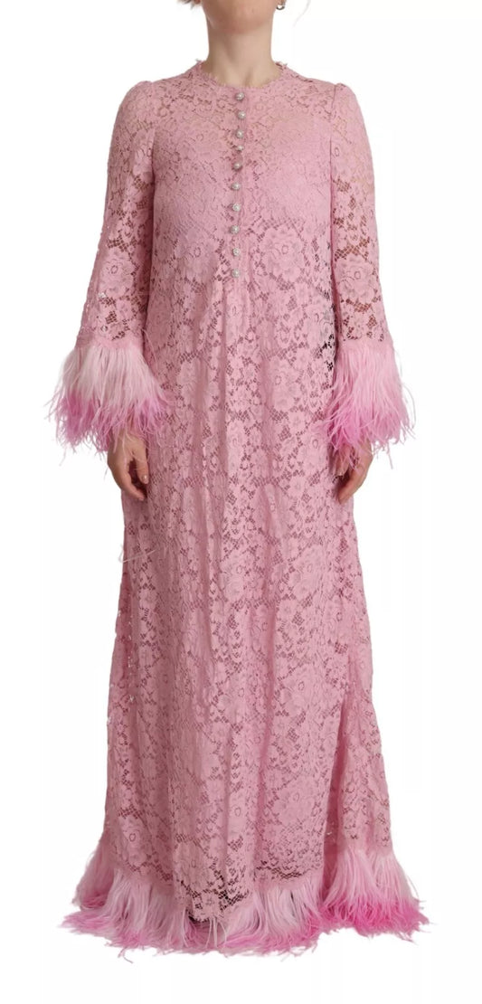 Dolce &amp; Gabbana Shift Lilac Lace Feathers Long Sleeves Dress