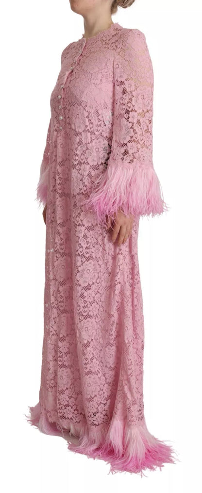 Dolce &amp; Gabbana Shift Lilac Lace Feathers Long Sleeves Dress