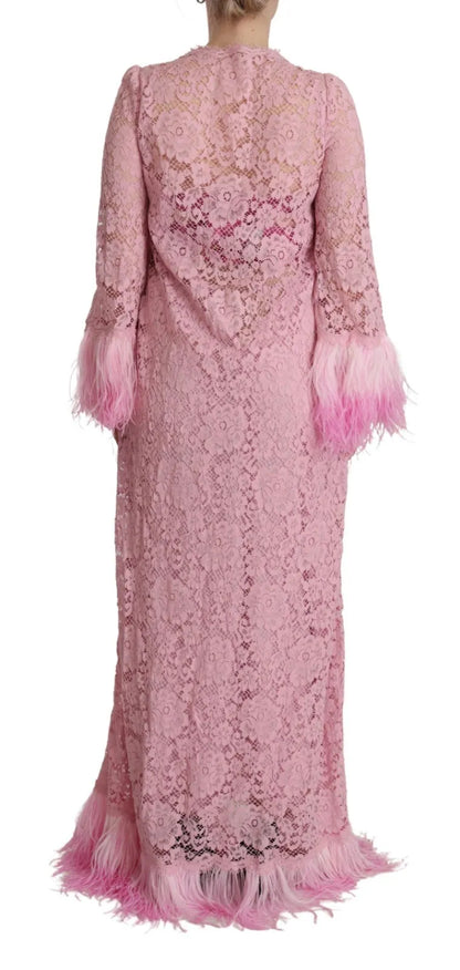 Dolce &amp; Gabbana Shift Lilac Lace Feathers Long Sleeves Dress