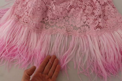 Dolce &amp; Gabbana Shift Lilac Lace Feathers Long Sleeves Dress