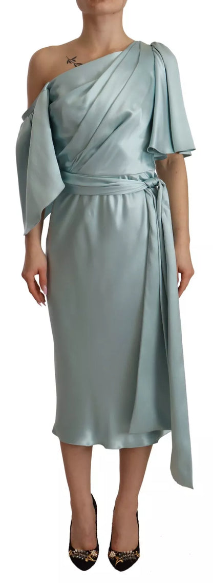 Dolce & Gabbana Silk Mint Green Fit Cut One Shoulder Midi Dress by Dolce & Gabbana