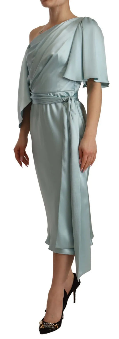 Dolce & Gabbana Silk Mint Green Fit Cut One Shoulder Midi Dress by Dolce & Gabbana