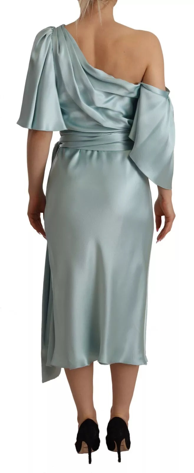 Dolce & Gabbana Silk Mint Green Fit Cut One Shoulder Midi Dress by Dolce & Gabbana