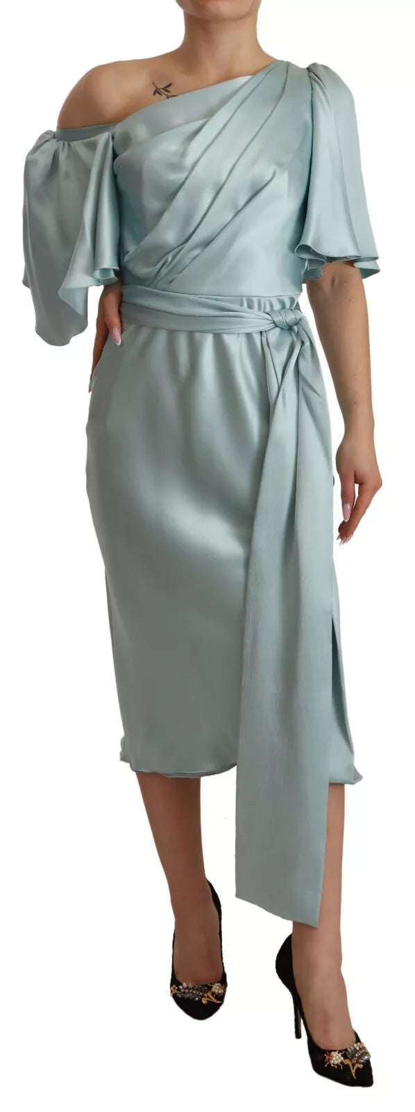 Dolce & Gabbana Silk Mint Green Fit Cut One Shoulder Midi Dress by Dolce & Gabbana