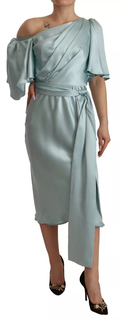 Dolce & Gabbana Silk Mint Green Fit Cut One Shoulder Midi Dress by Dolce & Gabbana