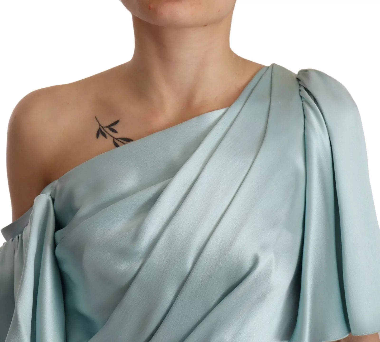 Dolce & Gabbana Silk Mint Green Fit Cut One Shoulder Midi Dress by Dolce & Gabbana