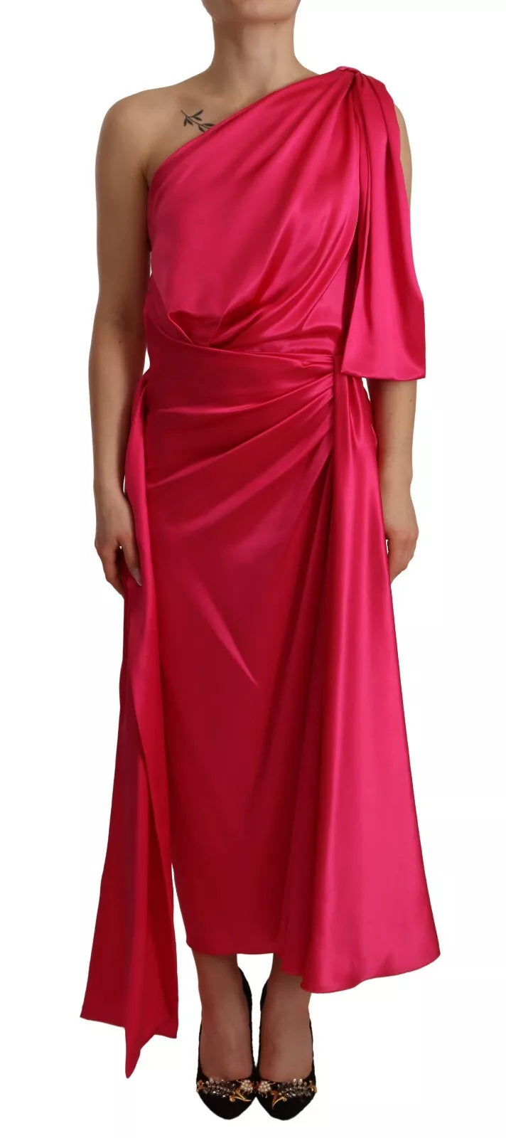 Dolce & Gabbana Silk Pink Fitted Cut One Shoulder Midi Dress by Dolce & Gabbana