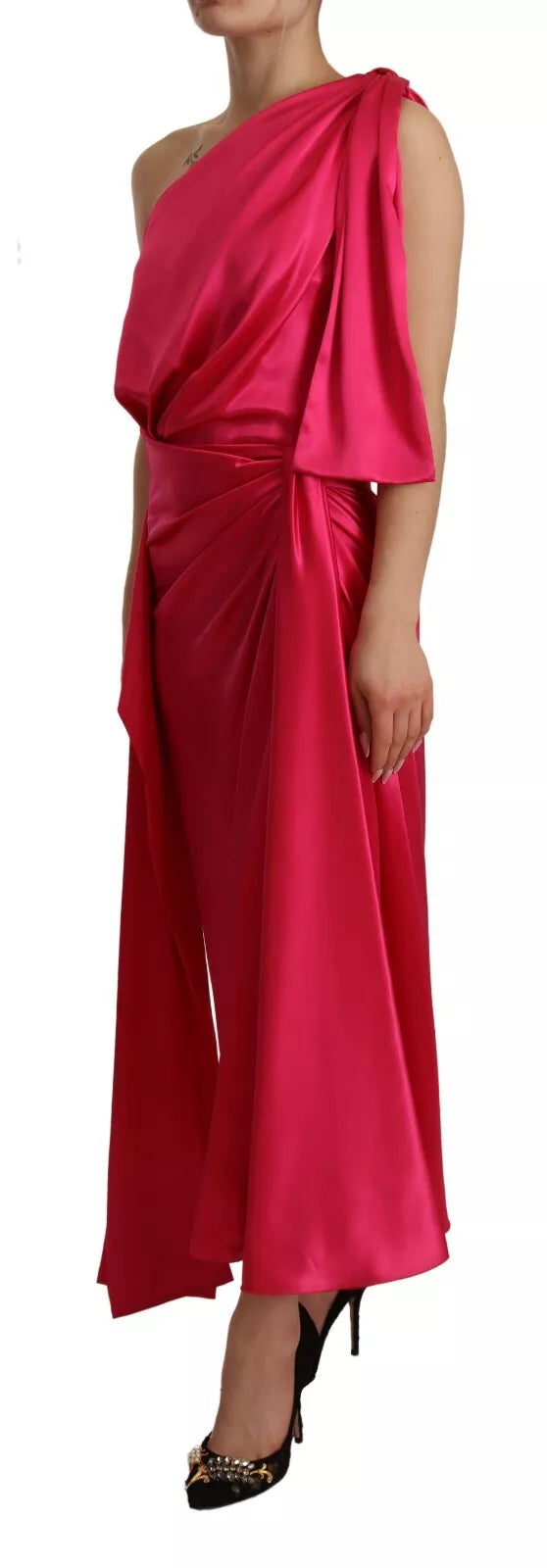 Dolce & Gabbana Silk Pink Fitted Cut One Shoulder Midi Dress by Dolce & Gabbana
