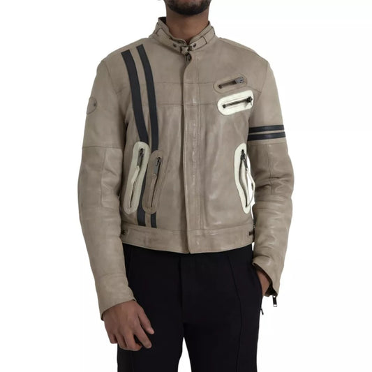 Dolce &amp; Gabbana - Veste motard en cuir beige avec fermeture éclair intégrale