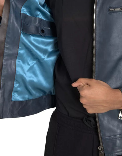 Blouson motard en cuir bleu Dolce &amp; Gabbana entièrement zippé
