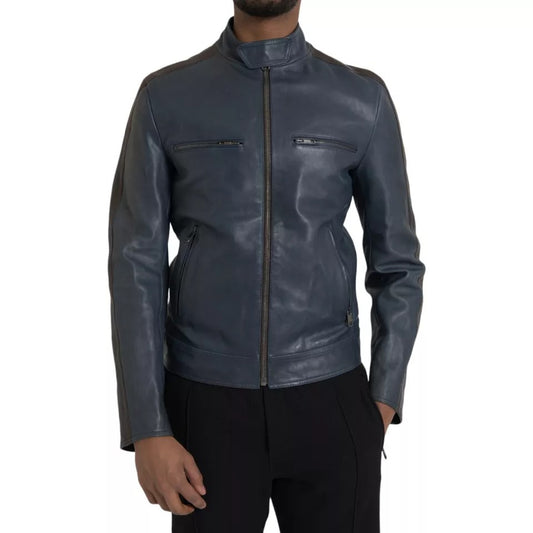 Blouson motard en cuir bleu Dolce &amp; Gabbana entièrement zippé