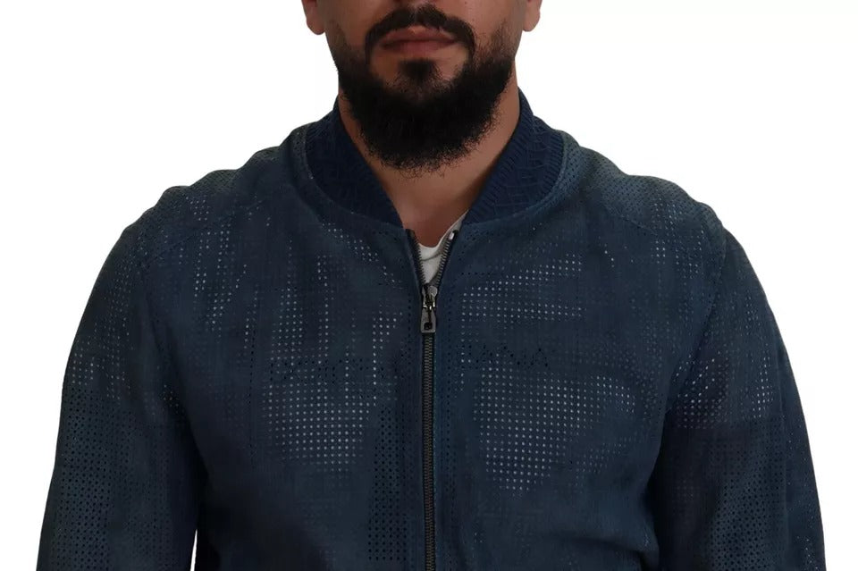 Veste zippée en cuir perforé bleu Dolce &amp; Gabbana