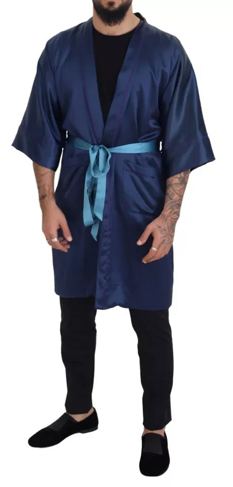 Veste-robe en satin de soie bleu Dolce &amp; Gabbana avec ceinture à la taille