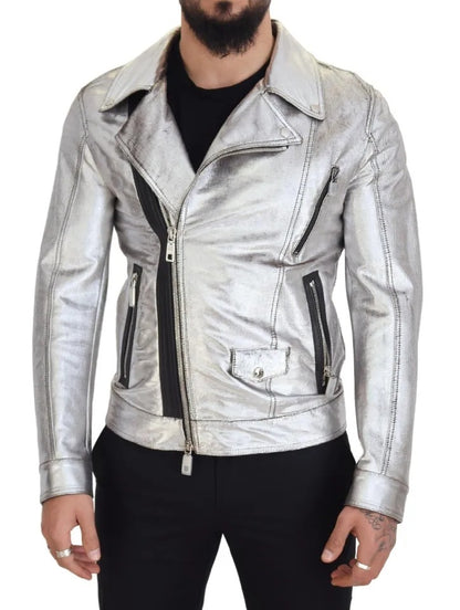 Dolce &amp; Gabbana Manteau de motard en cuir argenté Veste en cuir d'agneau