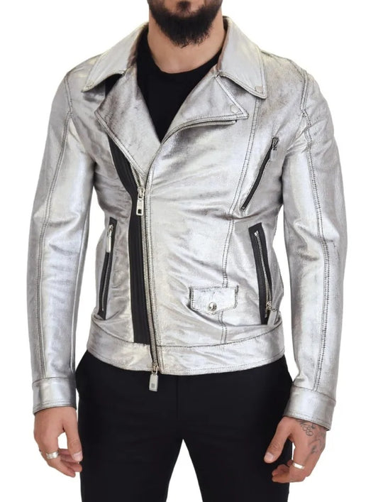 Dolce &amp; Gabbana Manteau de motard en cuir argenté Veste en cuir d'agneau