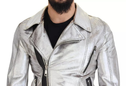 Dolce &amp; Gabbana Manteau de motard en cuir argenté Veste en cuir d'agneau